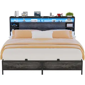 Homieasy King Bed Frame with Charging Station and RGB LED Lights, Sturdy King Size Platform Bed with Storage Headboard, Solid Metal Slats, Noise Free, No Box Spring Needed, Easy Assembly, Black Oak
