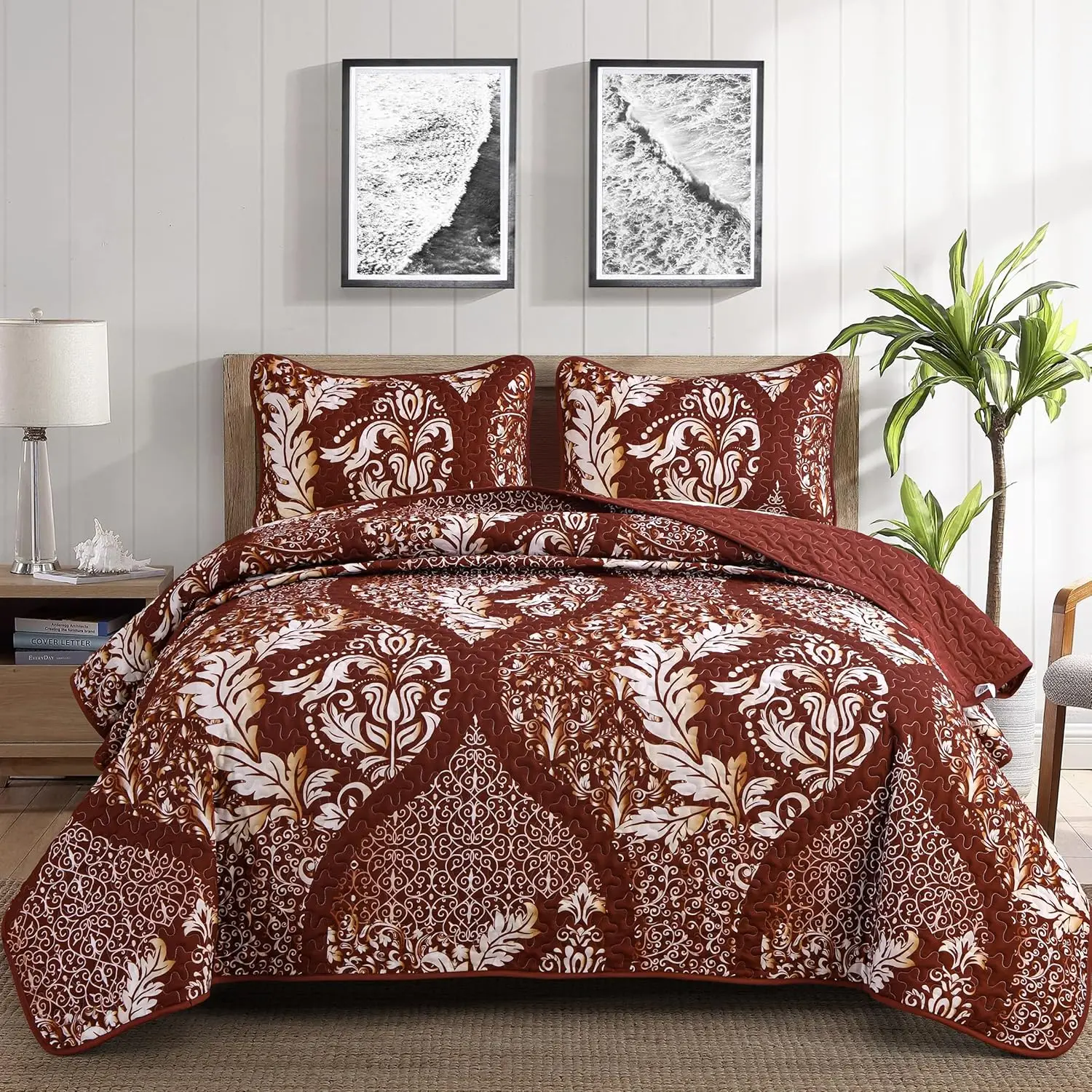 Burgundy Quilt Set  Size, Boho Red  Damask Bedspread Coverlet Set Soft Lightweight Microfiber Luxury Bedding Set 3 count for All Season (104"x90")