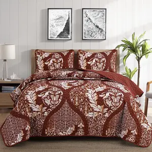 Burgundy Quilt Set  Size, Boho Red  Damask Bedspread Coverlet Set Soft Lightweight Microfiber Luxury Bedding Set 3 count for All Season (104"x90")