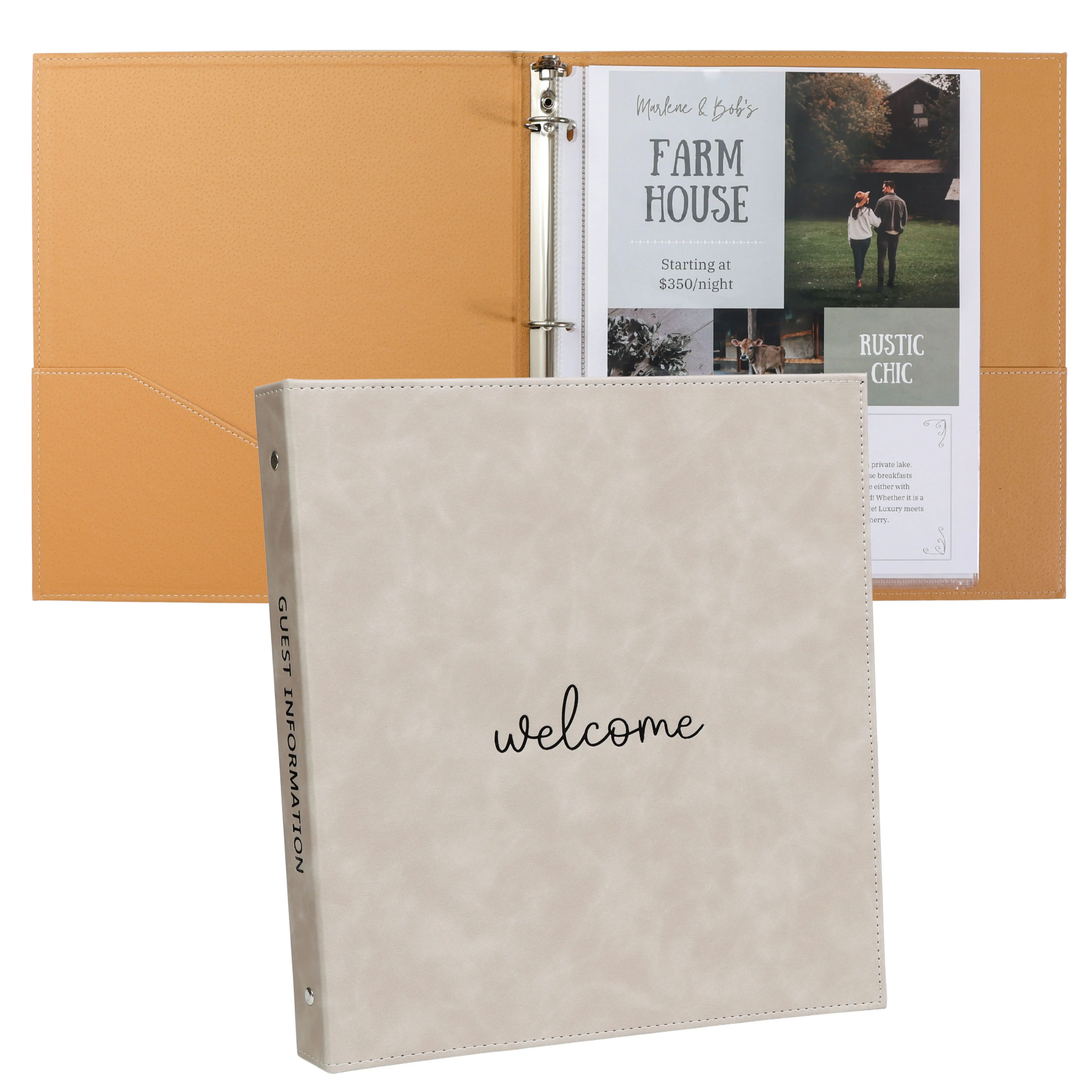 Welcome Short Term Rental Binder - Faux Leather - 3 Ring Folder for Welcome Paper