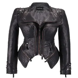 2025 Spring New Style Suit Collar Rivet Waist Short Washed Pu Leather Jacket