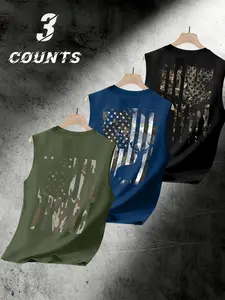 Men's Camouflage Sleeveless Vest Set, 3-Pack Deer Print Breathable Casual Sports Fitness Tops, Loose-Fit Street Style T-Shirts, Graphic Print Vest