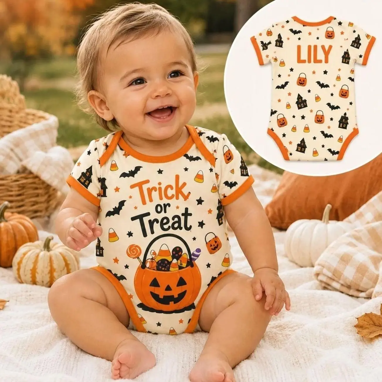 Personalized Trick or Treat Baby Bodysuit, Personalized Halloween Onesie, Custom Name Pumpkin Candy Outfit, Cute Newborn Halloween Gift LNV TRU