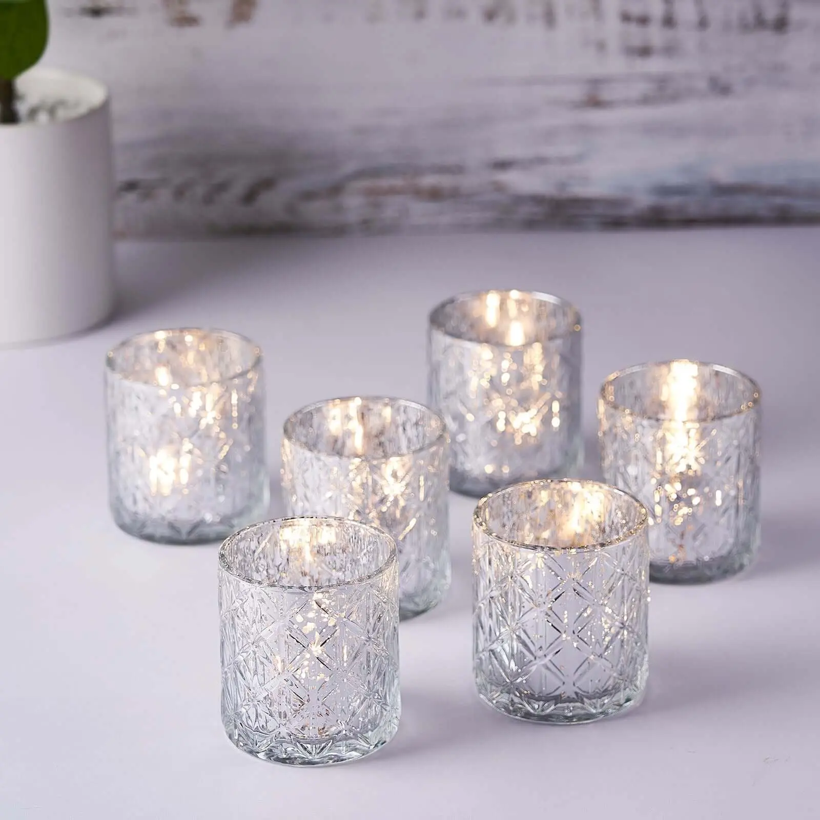 Classic Metallic Silver Geometric Mercury Glass Candle Holders - 6-Pack 3" Votive Tealight Holders for Home Decor, Party Decorations, Event Reception Accents