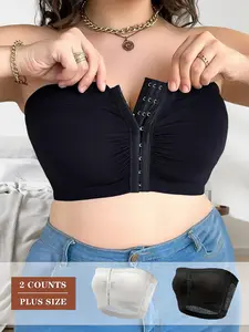 2pcs Front Hook and Eye Strapless Bandeau Bra Women's Invisible Wireless Tube Top for Off-Shoulder Dresses  Plus Size Seamless Gather Bra