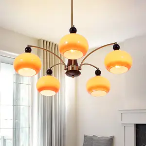 Chandelier Living Room Ceiling Light Copper 5-Light Round with Orange Glass Shade Rustic Wood Pendant Lamp Gold Hanging for Bedroom Kitchen