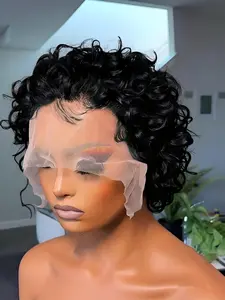 13X1 lace daily party cosplay gift use wig natural black burgundy 99j color short  curly wave human hair wig pixie cut human hair wigs for women