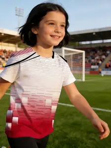 girl child jersey Red Gradient With White Geometric Lines Breathable, light, and comfortable short sleeve T-shirt summer parent-child wear elastic soft and breathable round neck short sleeve print Comfortable training sports summer quick-dry