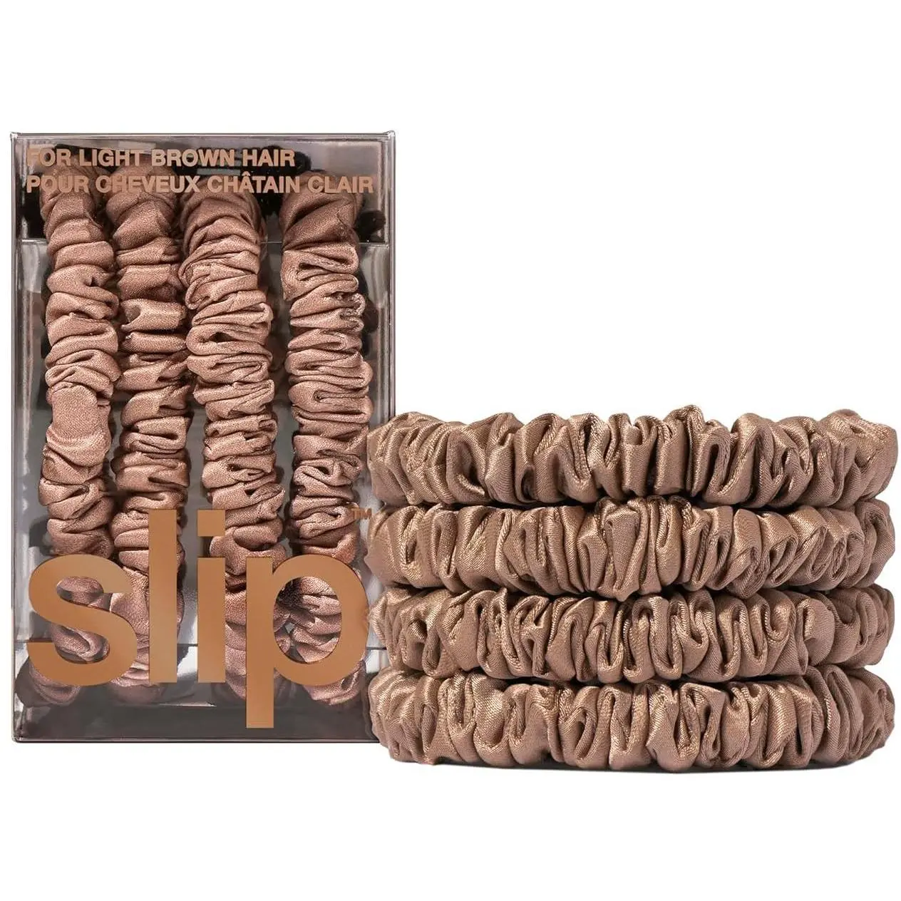 Slip Silk Skinny Scrunchies - Elastic Scrunchies Set (Set Of 4) - Light Brown 850004304921