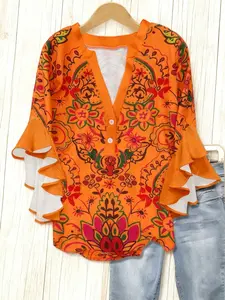 New Vacation Spring Summer Plus Size Women's Small Floral Print V-Neck Bell Sleeve Fashion Casual Shirt Blouse, Loose-Fitting, Paisley Pattern