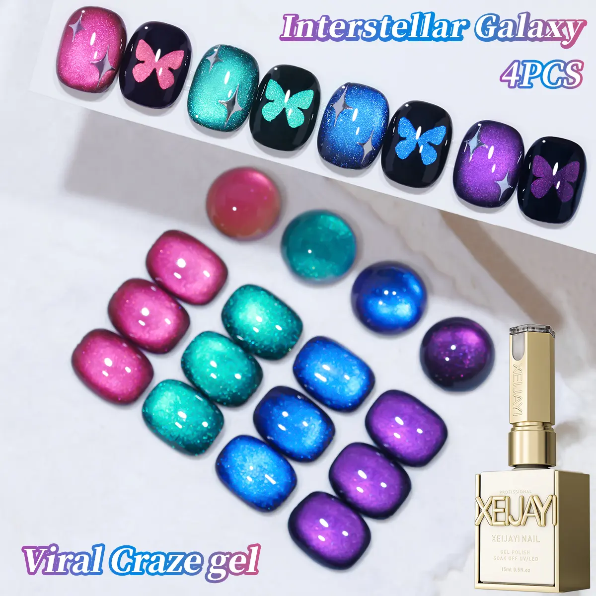 4PCS 15ML Interstellar Galaxy Series Cat Eye 4-Color Set Gel Polish. Trendy Salon Cat Eye Nail Art With A Shiny Luster, Dazzling Cat Eye Effect, Strong And Non-Damaging To Nails, Salon-Quality DIY Nail Art Design