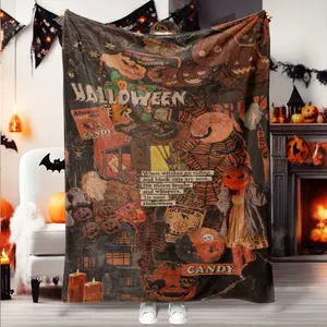 Vintage Halloween Patchwork Flannel Blanket, Soft Skin-Friendly Fabric, Multi-Scene Use, All-Season Comfortable Throw Gift Idea