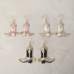 #300 White, Pink or Black Cowboy Boots with Spurs & Rhinestones Earrings, Casual, Western, Zinc Alloy