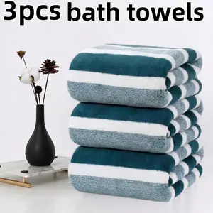 3 Piece Striped Coral Fleece Bath Towel Set, 3 Towels 70x140cm, 300gsm, Super Soft, High Absorbency, Quick Dry, Ideal for Home, Hotel, Spa, Pool, Gym, Salon