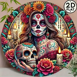 1pc Traditional Mexican Sugar Skull Tin Wall Art, 8 Inch Round Frameless Sign, Modern Indoor Decor, Suitable For Home, Bar, Cafe, Club, Dorm - Vintage Reusable Wall Hanging Decoration, Wall Art Decor, 2D, Great For Room Decoration