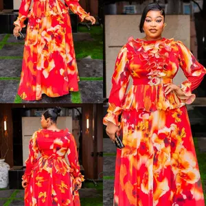 Luxury Gown Dresses - Red Floral Maxi Dress with Bell Sleeves and Ruffle Hem for Special Occasions