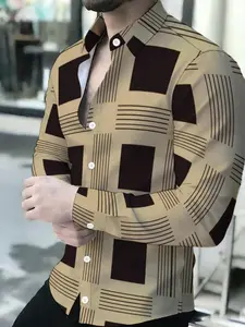 Men's Beige Brown Geometric Square and Line Pattern Long Sleeve Shirt