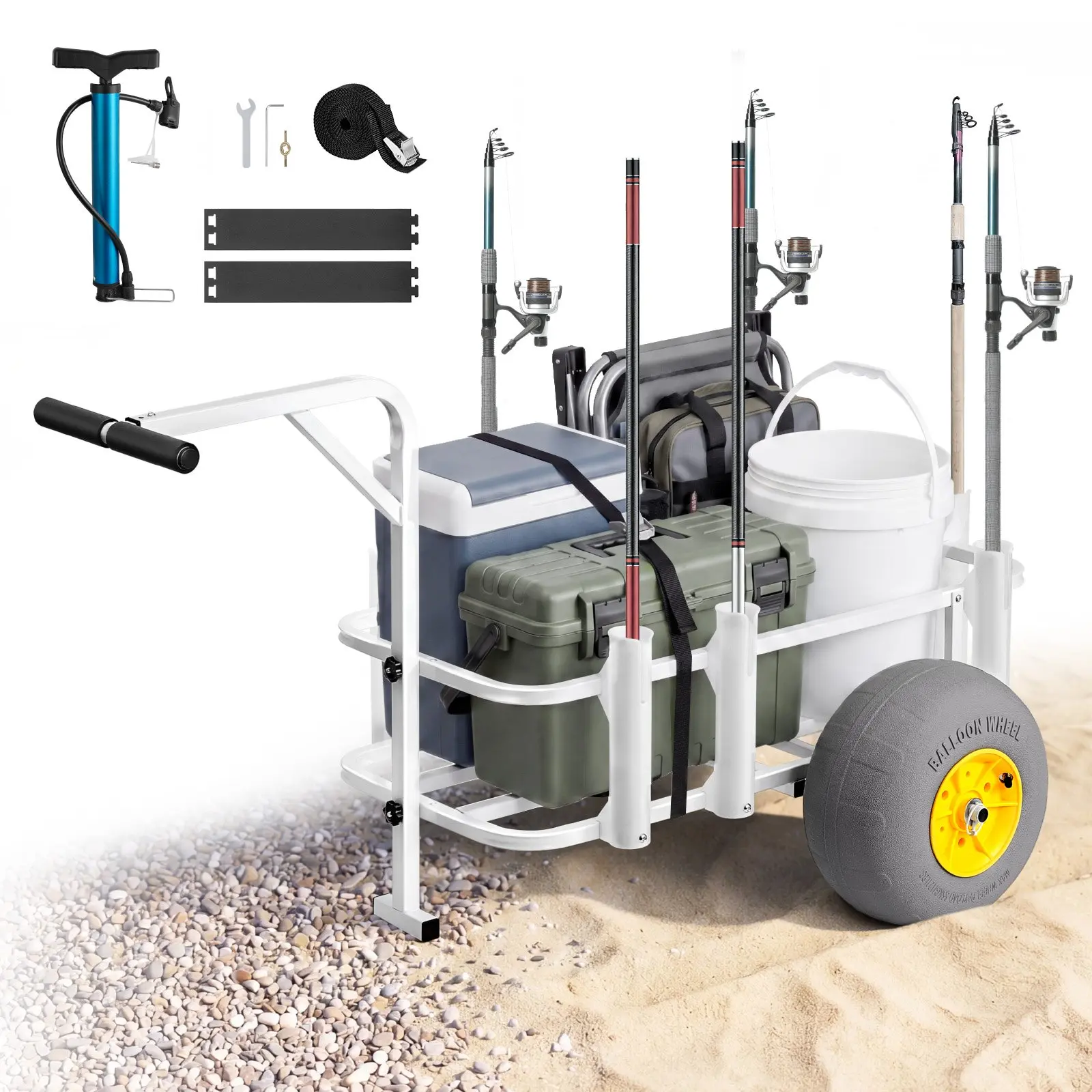 【Summerfinds】VEVOR Collapsible Beach Fishing Cart, 200 lbs Load Capacity, Heavy-Duty Carbon Steel 2-Wheel Frame Cart, 13 in All-Terrain PU Balloon Wheels, 7 Rod Holders, Anti-Loosening Bolts, 34.1x14.8x7 in, Gear Transport for Outdoor Camping, Collaps, 34