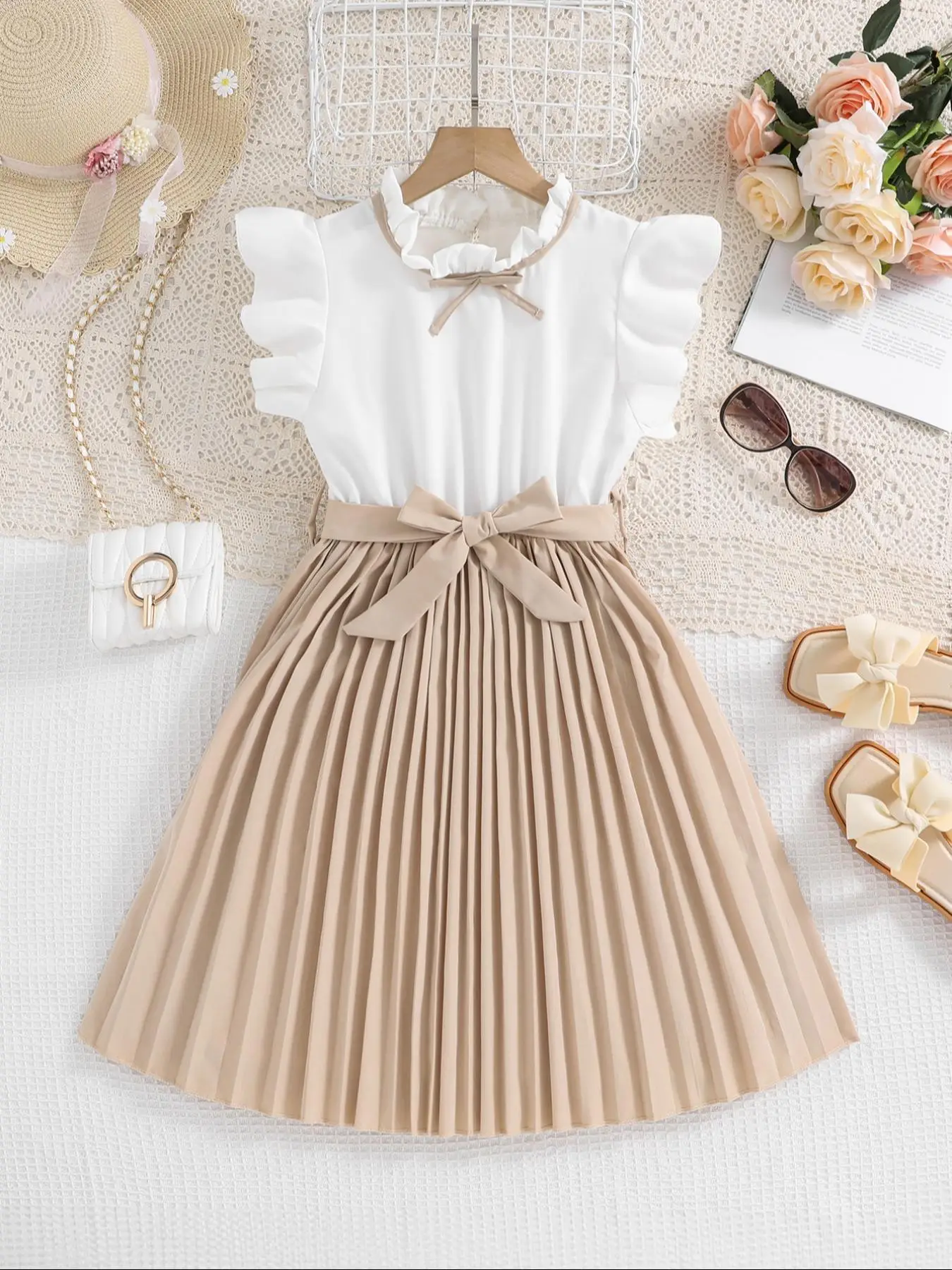 Girl's Patchwork Print Bow Decor Bubble Sleeve Dress, Elegant Fashion Casual A Line Dress for Daily Outdoor Wear, Toddler Girls Dress for All Seasons