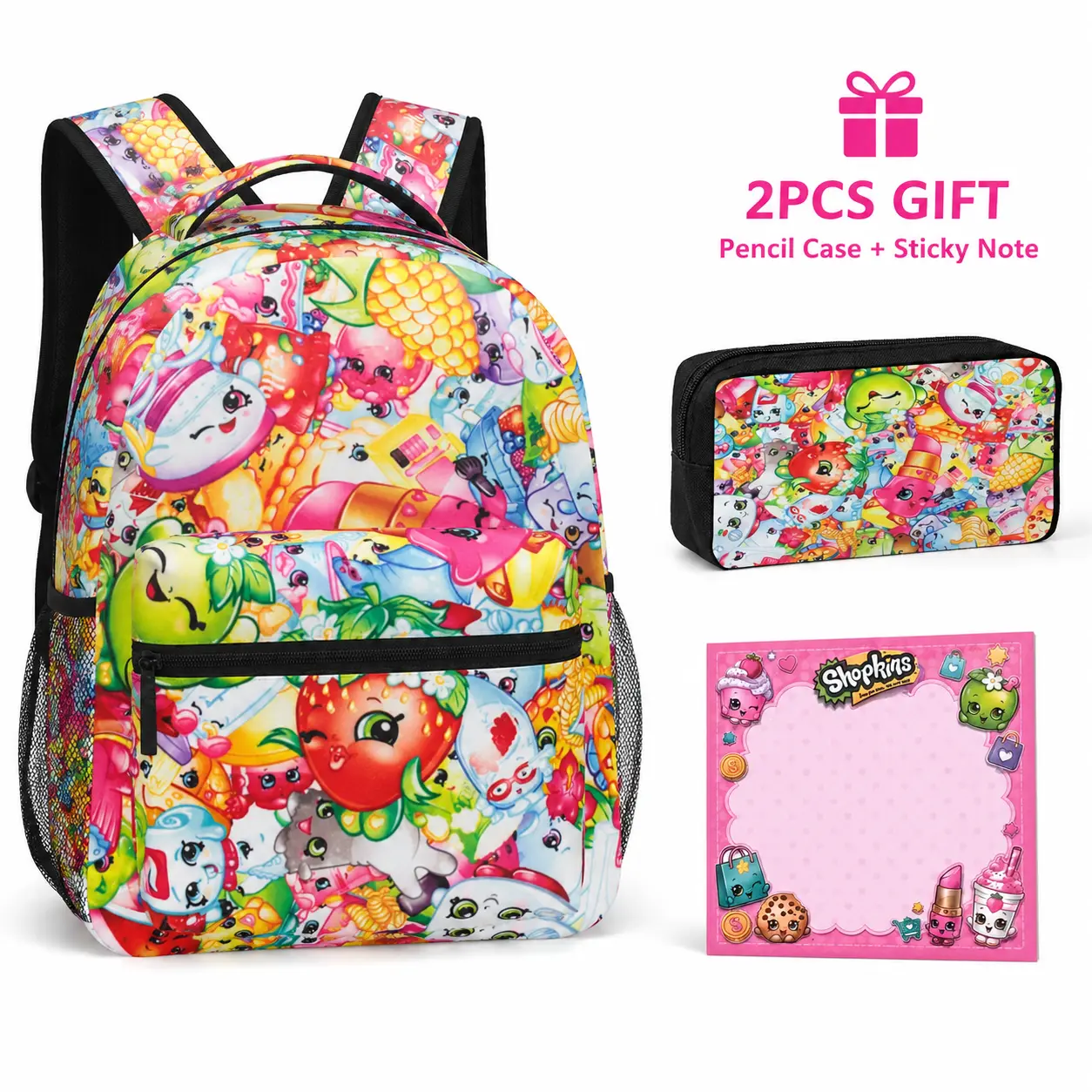3Pcs Kids Shopkins School Backpack Sets for School Girls,Kawaii School BoobBag with 1 pecnil box and 1 sticky note,Cute Book Bag School Suppluies sets for Girls Elementary Middle School Teens