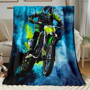 1pc Dirt Rider Action Print Flannel Blanket - Neon Green & Blue MX Motorcycle Design, Bedspread for Sofa, Bed, Travel - Ideal Gift for Fans, Men & Boys, Contemporary Style with Vibrant Rider Art, Multi-Purpose for Home & Camping,