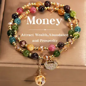 Premium Double-Strand Rainbow Tourmaline Beaded Bracelet，Wearing natural gemstones brings you energy and wealth.