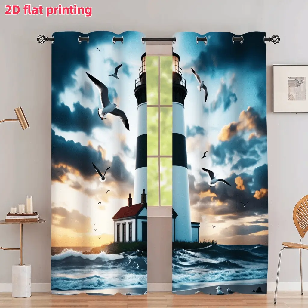 2D Flat 2Pcs Nautical Lighthouse Coastal Scenery Printed Curtain Panel, Sea Wave Seagull Landscape, with Loop, Perforated Design, Semi Sunshade, Suitable for Home Living Room Bedroom Study Window Decoration, Accessory