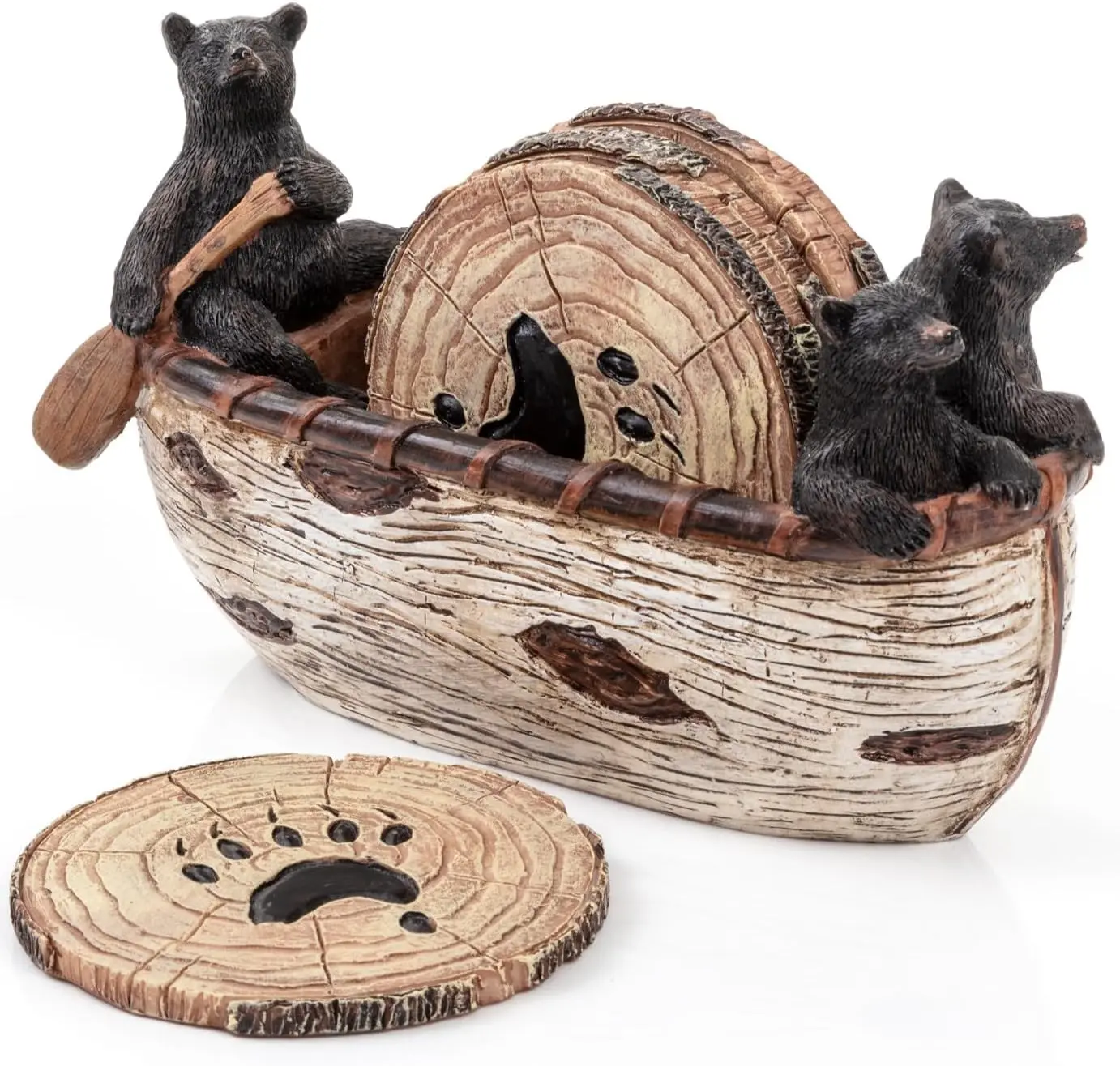 Bear Coasters - Set of 6 Full Size Rustic Coasters Handmade Canoe with Adorable Black Bear Figurines - Log Decorations, Rustic Lodge Decor for The Home