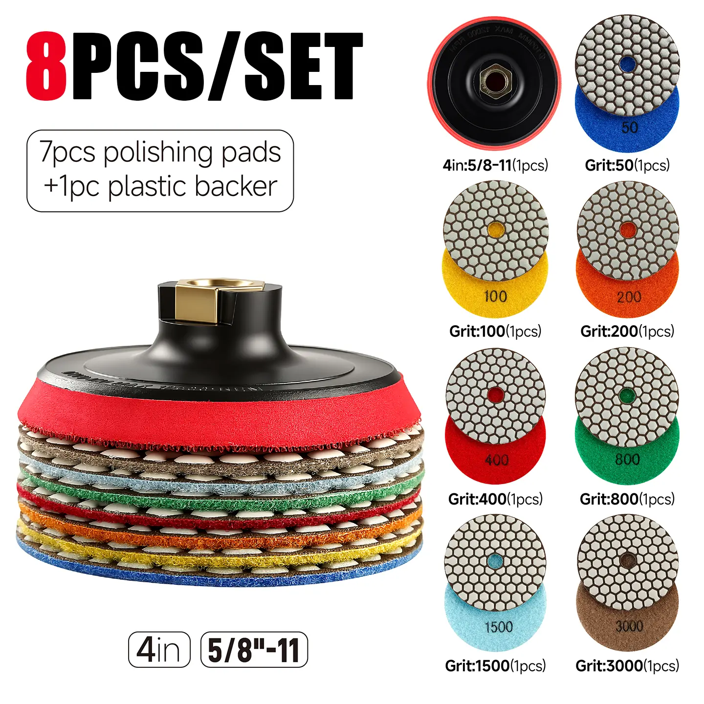 LOZLIN 8PCS 4" Dry Diamond Polishing Pads for Marble and Stone, Abrasive Buffing Disc Set for Angle Grinders, Countertop Edge and Surface Polishing