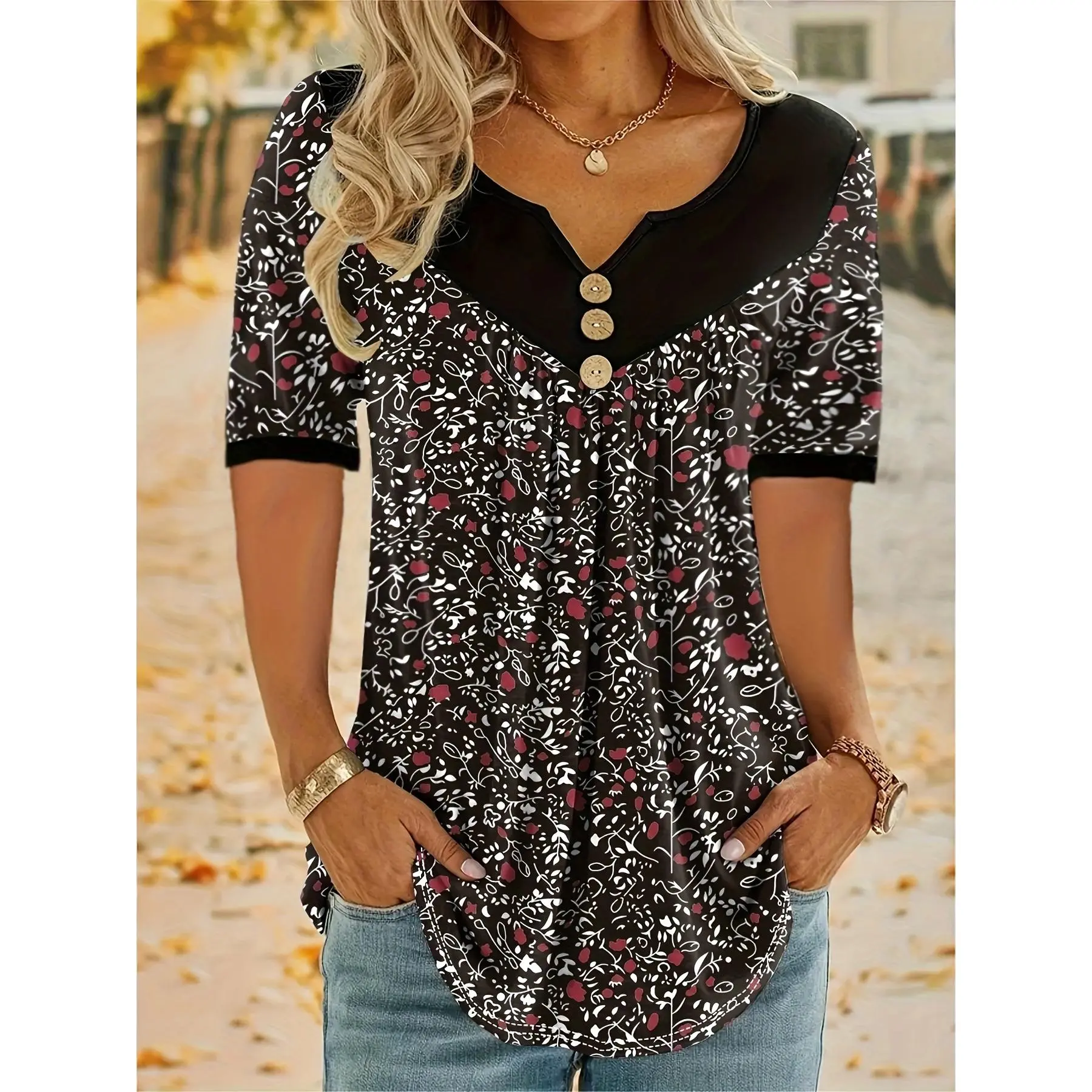 Women's Plus-Size Floral V-Neck Short-Sleeve Blouse - Stretchy Polyester Knit Tops, Button-Front, Casual All-Season Wear, Shortsleeve, Fabric, Floral Print, Stretch Knit, Machine Wash, All Seasons, 1Xl, Lady, Shirts, Casual Wear, Random Print, Floral Patt