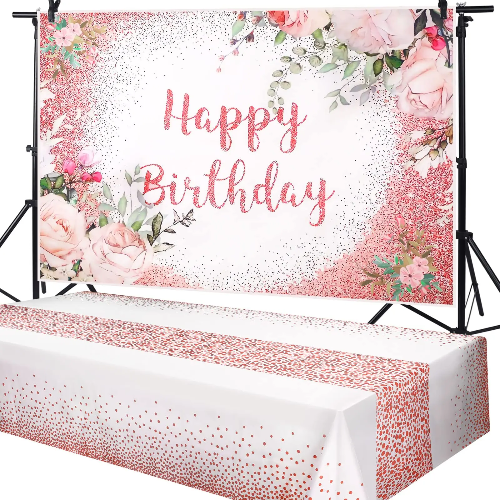 2 Pink Happy Birthday Backdrop Banner And Tablecloth For Women Rose Party Decorations Plastic Floral Table Cover Photoshoot Props Wall Supplies