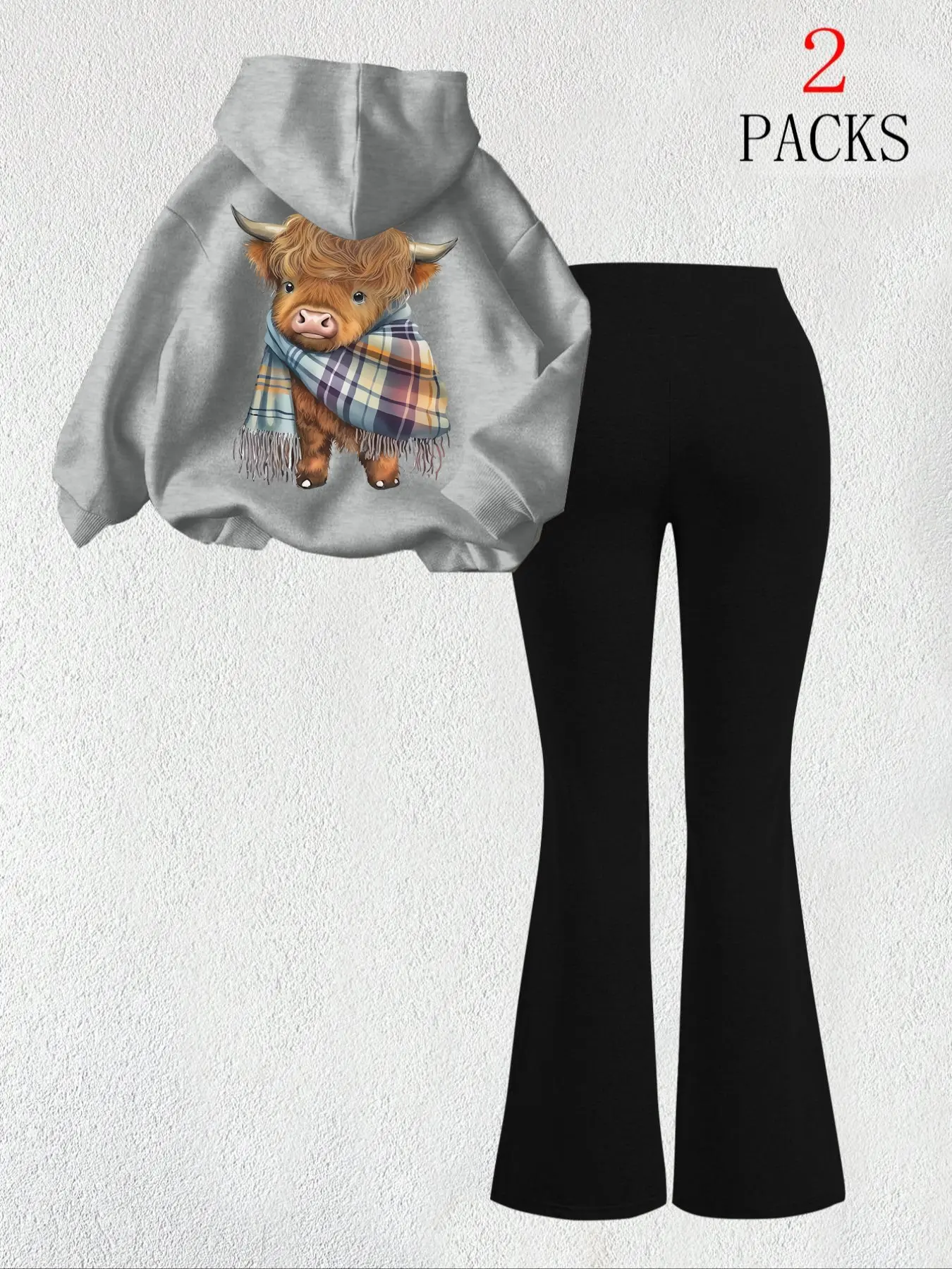 Women's Warm Hoodie Set, Matching Clothing Set, Slim Fit Comfortable Bell Bottom Pants, Casual Scarf Bull Head Print, Kangaroo Pocket Daily Wear