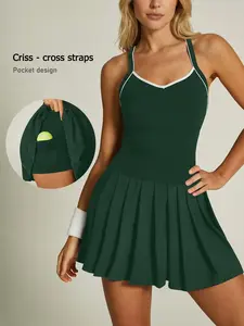 Women's High Waist Pleated Skirt, Breathable Quick-Dry Fabric, Adjustable Shoulder Straps, Safety Lining, Back Cross Design, Slimming and Stylish, Sports Tennis Dress