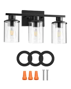 【Father's Day】VEVOR 3-Light Modern Bathroom Vanity Light Fixtures with E26 Ceramic Socket Black Metal Frame & Clear Glass Shades Up/Down Mounting for Mirror Overhead Lighting