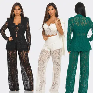 Luxury Lace 3-Piece Pant Set – Sheer Wide Leg Pants, Bustier Crop Top & Matching Jacket | La Belle Gina Boutique