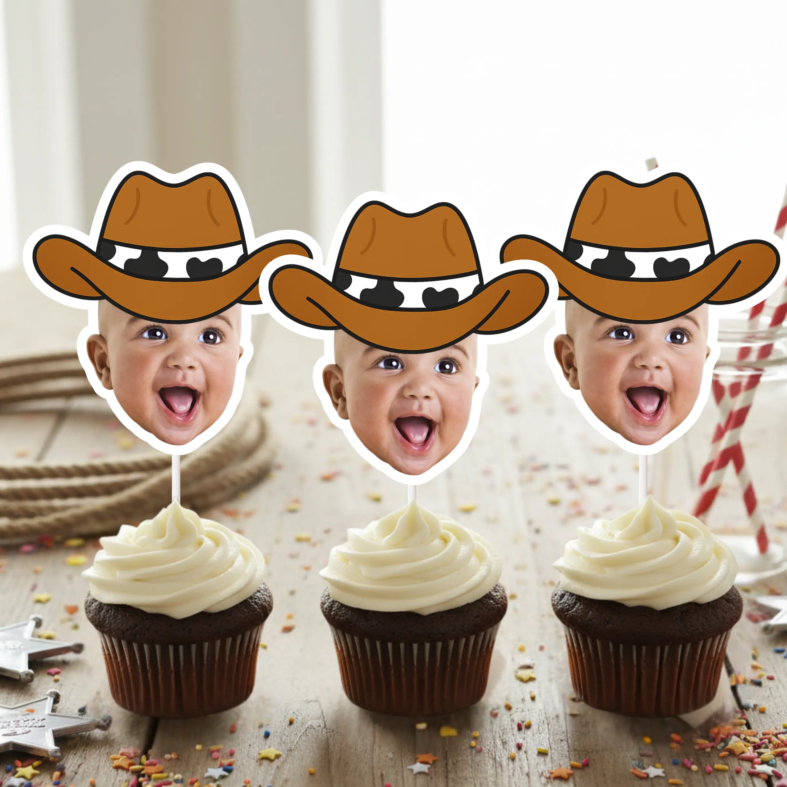 My First Rodeo Face Cupcake Toppers – Personalized Cowboy First Birthday Decor