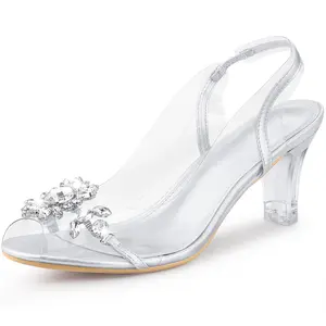 BLISSFUL STEP Peep Toe Flower Rhinestone Clear Chunky Heels Cinderella Glass Sandals