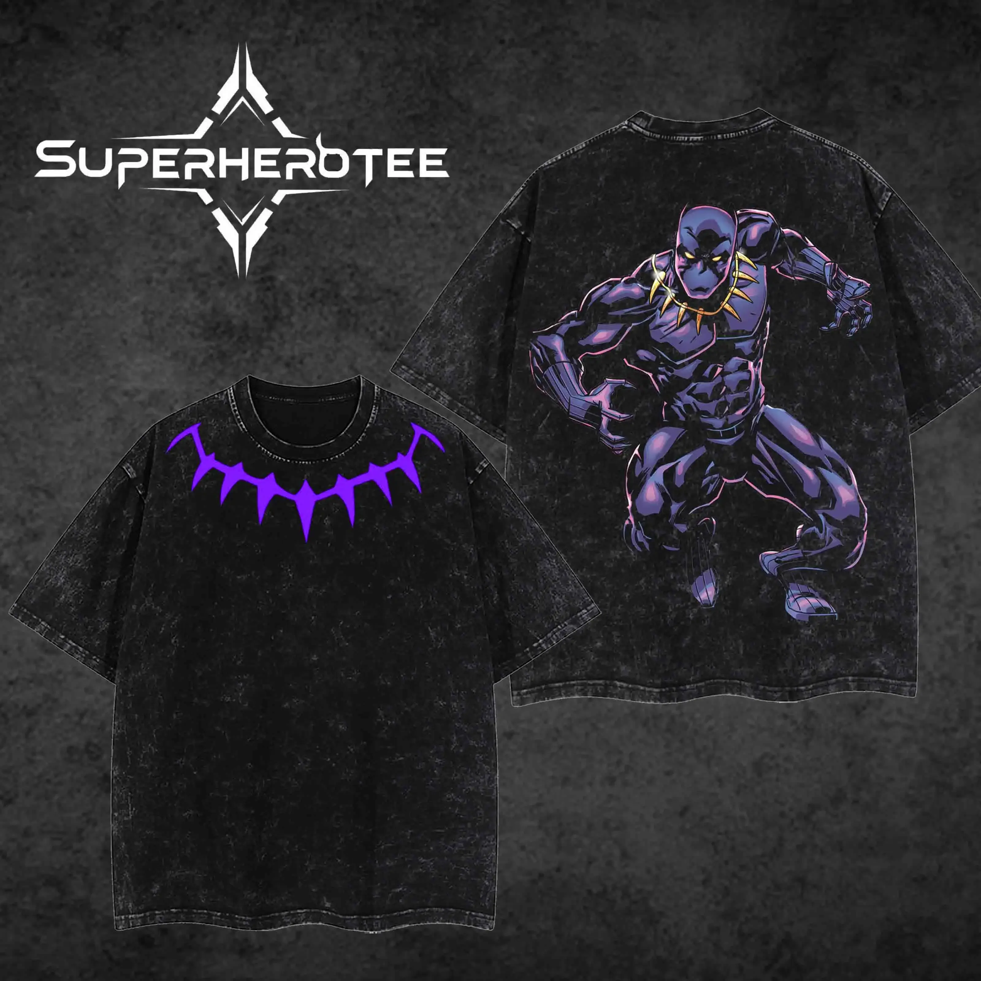 Men's Black Panther T'Challa Oversized Round Neck Tshirt - 100% Cotton Acid Wash Vintage Streetwear Graphic Tees, Double Printed King of Wakanda Comic Superhero Casual Top, 2026 USA Pop Top Geek Fan Merch