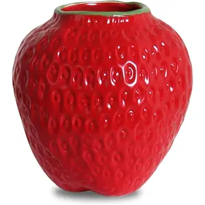 Strawberry Ceramic Flower Vase, Mini Decorative Cute Fruit Ornament Vase for Flower Arrangement, Unique for Modern Vintage Home Kitchen Office Decor Centerpiece, Small Red