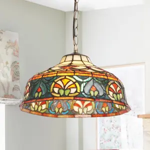 Tiffany Style Floral Stained Glass Pendant Light, 12" Adjustable Hanging Lamp with Bronze Iron Chain, Bulb Not Included