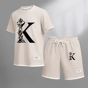 Men's classic K-print drawstring shorts set, perfect for spring and summer. This casual summer set includes a short-sleeved shirt and shorts, ideal for everyday wear and sports activities
