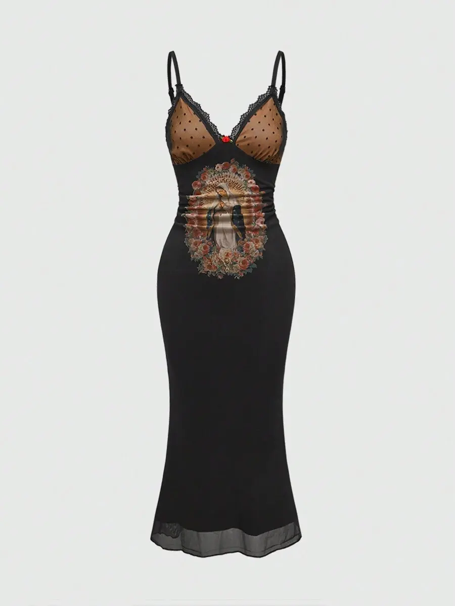 Fairycore Women's Vintage Virgin Mary Print Mesh Dress
