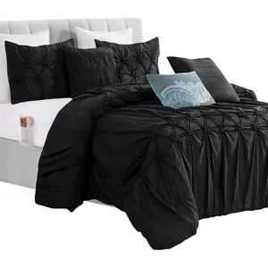 12-Piece Bed-in-a-Bag, Ella Pleated Ruched Pintuck Comforter Set, Sheet Set Featuring Pockets, Matching Decorative Pillows, All Season Bedding, Queen, Black