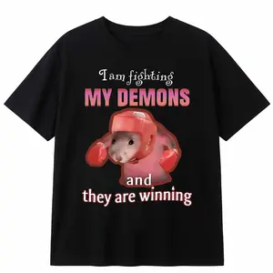 Funny I Am Fighting My Demons and The Are Winning Rat Meme T-shirt Fashion Creative T Shirts Short Sleeve Oversized T-shirts