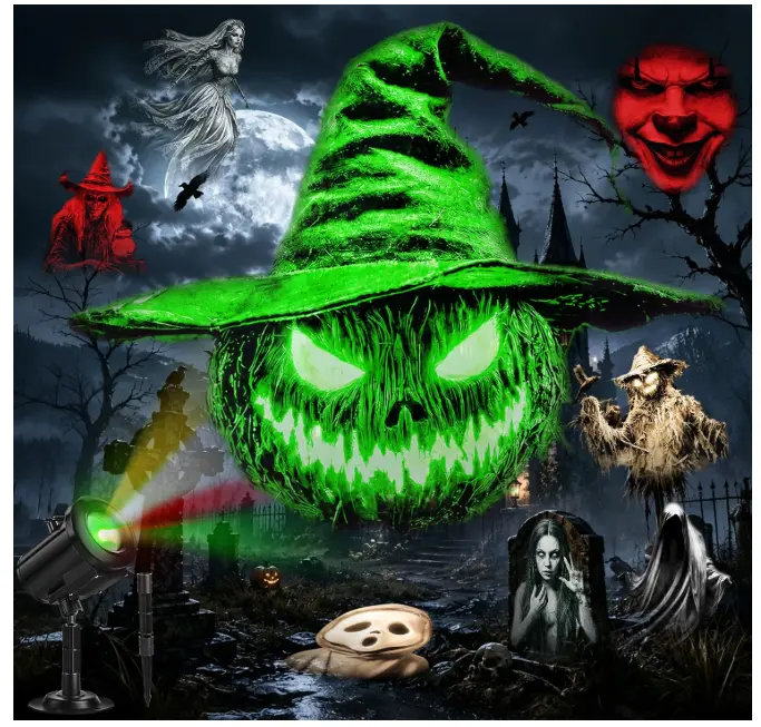 2026 Ultra-Bright 3D Dynamic Halloween Projector Lights Outdoor, 12-in-1 Animated Ghost/Skull/Clown/Pumpkin Projection Light with 4 Colors – Spooky Window, Wall, Garage & Outdoor Halloween Decoration