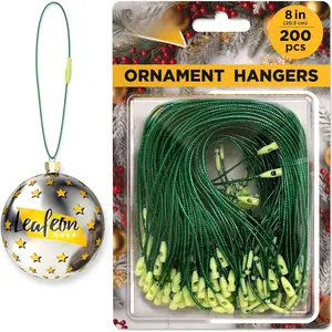 Christmas Ornament Hangers with Snap 200 count - Green Christmas Ornament Hooks - Ornament String with Snap for Christmas Tree Holiday Party