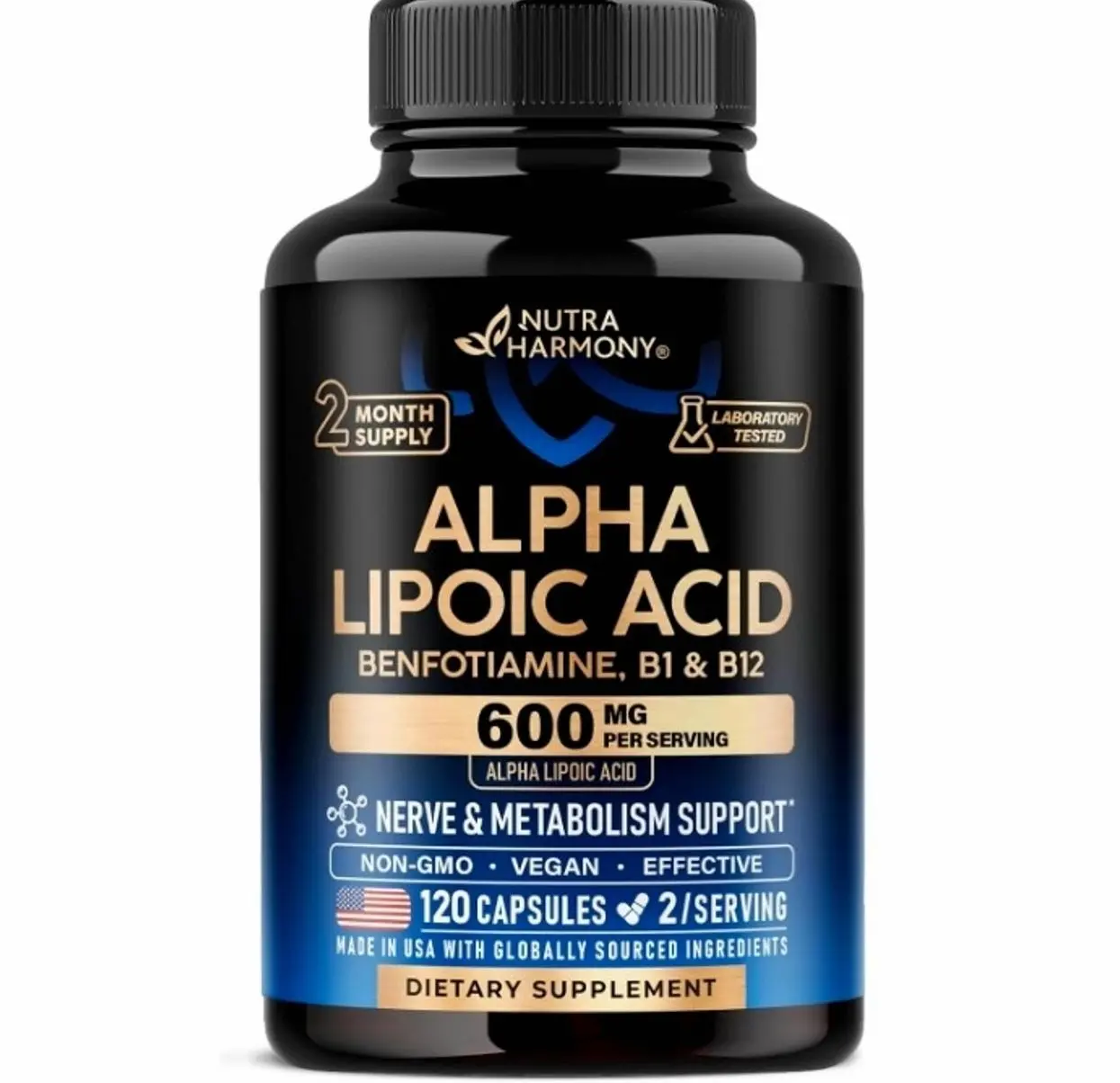 Alpha Lipoic Acid 600mg - ALA Supplement + Benfotiamine B1 & B12 - 120 Caps | Alpha Lipoic Acid - Antioxidant, Nerve, Energy & Metabolism Support for Men & Women - Lab Tested, NON-GMO, Vegan