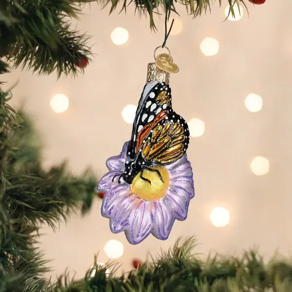 Monarch Butterfly On Flower Ornament Handcrafted Glass Christmas Tree Decoration with Vibrant Colors and Detailed Design Purple Flower with Yellow Center