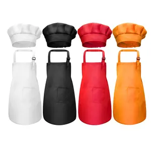 Global Baby Child Craft Apron and Hat Set Solid Color Front Pocket Bib Apron + Elastic Band Cooking Cap Apron with Adjustable Cook Hat for Kitchen Restaurant Hotel Bakeshop