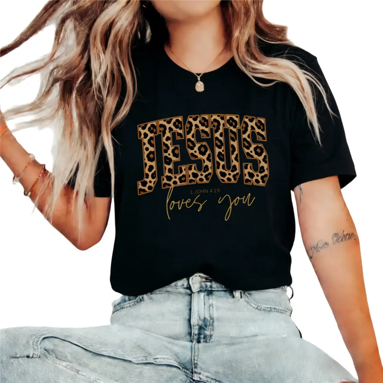 Christian Jesus Sweatshirt, Cheetah Print Bible Verse Sweatshirts, Trendy Faith Apparel Gift, Jesus Loves You, The Way The Truth The Life